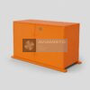 8AT-9931-00 operating equipment storage container complete orange storage container shown from the front and right side with both doors, hinges, lock and base frame visible