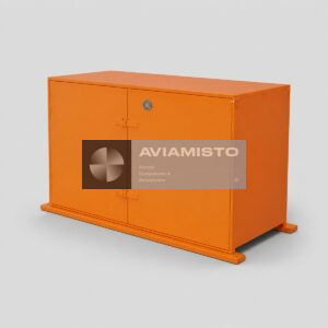 8AT-9931-00 operating equipment storage container complete orange storage container shown from the front and right side with both doors, hinges, lock and base frame visible