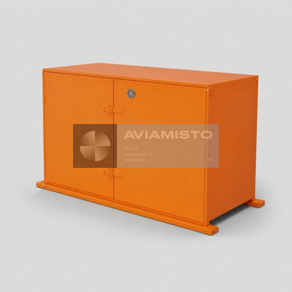 8AT-9931-00 operating equipment storage container complete orange storage container shown from the front and right side with both doors, hinges, lock and base frame visible