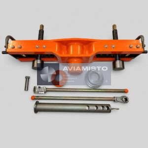 SSh-04-000 aircraft wheel tire remover set complete orange tire remover assembly with spring-loaded mechanisms, adapters, collars and operating rods arranged as a full set