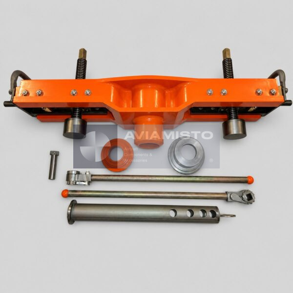 SSh-04-000 aircraft wheel tire remover set complete orange tire remover assembly with spring-loaded mechanisms, adapters, collars and operating rods arranged as a full set