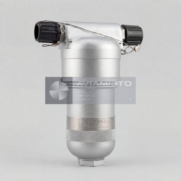 12GF10-1 hydraulic filter illustration with cylindrical housing and capped ports