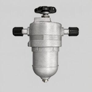 269MF-A hydraulic filter with silver cast body, black top handwheel, two capped side ports and rounded lower bowl