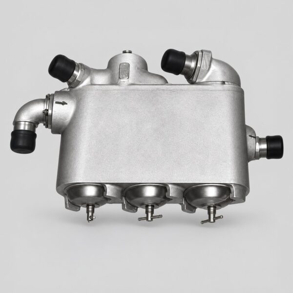 722.600T fuel filter assembly with wide metal housing, four capped connections and three lower bowls
