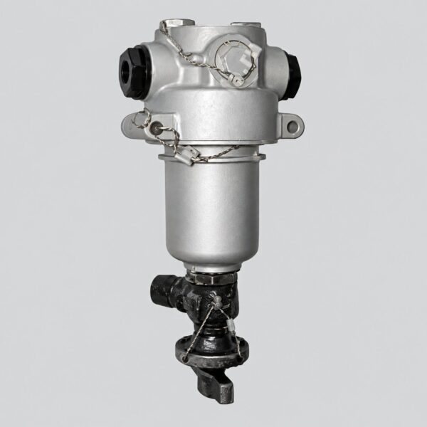 8D2.966.118-2 fuel filter with housing, opposing capped ports, sealed access cap and lower valve