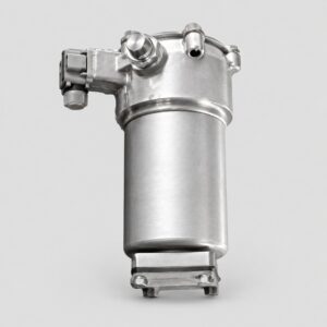 8D2.966.134-01 fuel filter with cylindrical bowl, upper fittings, side connector and lower mounting base