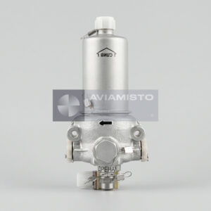 8D2.966.235 fuel filter reference image with cylindrical housing, front mounting holes, capped connections and drain valve