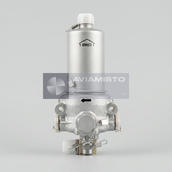 8D2.966.235 fuel filter reference image with cylindrical housing, front mounting holes, capped connections and drain valve