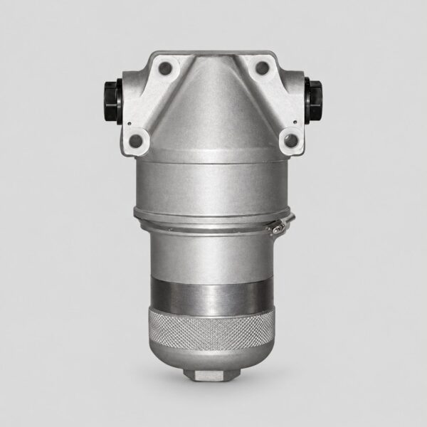 8D2.966.411-2 hydraulic filter with four mounting holes, capped side connections, cylindrical body and lower cap