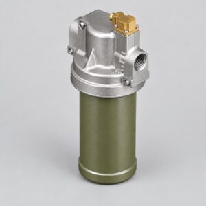 8D2.966.458 hydraulic filter with olive cylindrical bowl, silver upper housing, threaded side port and top connector