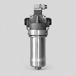 8D2.966.469 hydraulic filter with tall cylindrical bowl, cast upper housing, capped side ports and top connector
