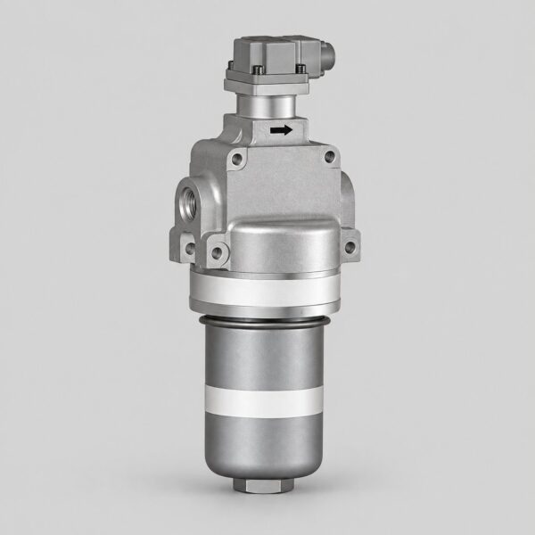 8D2.966.470 hydraulic filter with banded cylindrical bowl, cast upper housing, side port and top connector