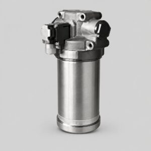 8D2.966.505-06 hydraulic filter reference with cylindrical metal bowl, upper housing, threaded ports and black side cap
