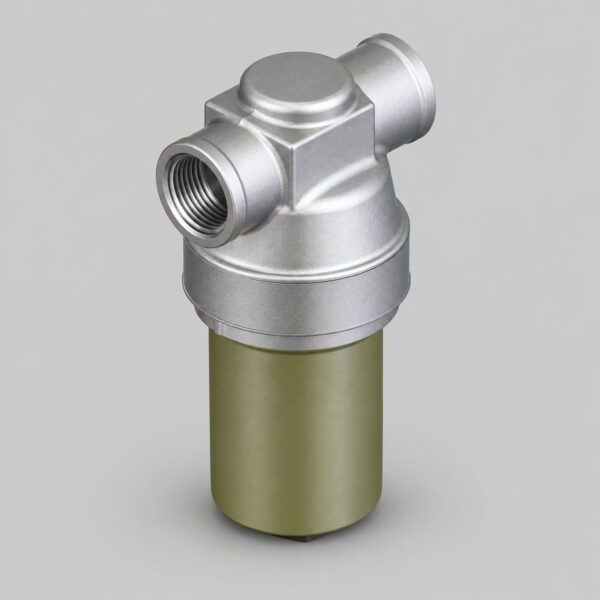 8D2.966.756-1 hydraulic filter with olive cylindrical bowl, silver upper housing, two threaded ports and round top cap