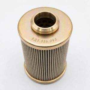 8D5.886.045 filter element illustration with a gold-tone upper cap and pleated body