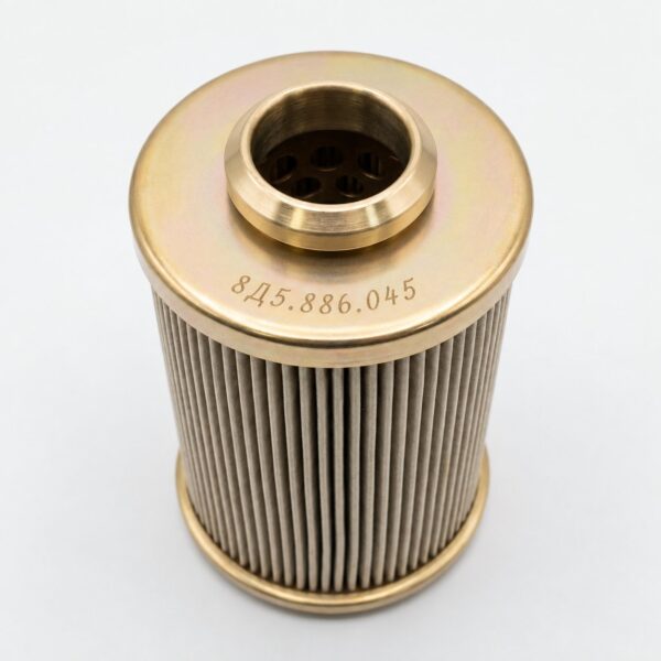 8D5.886.045 filter element illustration with a gold-tone upper cap and pleated body