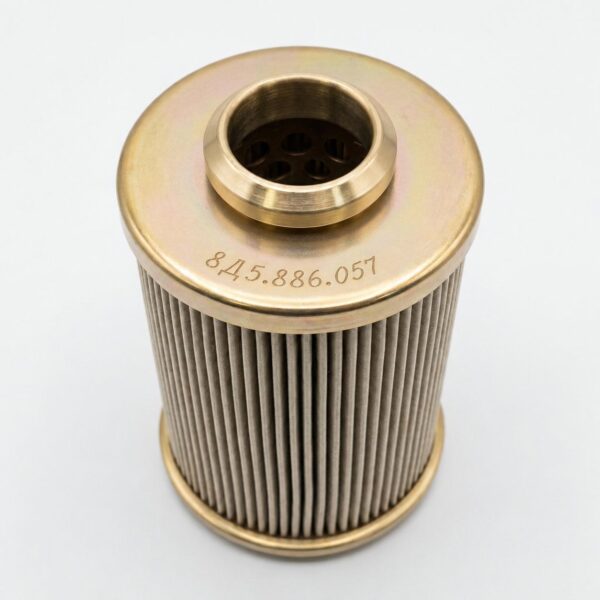 8D5.886.057 filter element illustration with a gold-tone upper cap and pleated body