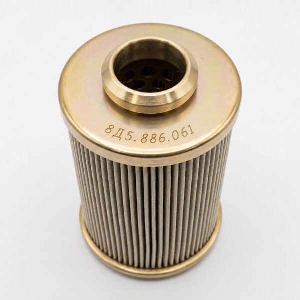 8D5.886.061 filter element illustration with a gold-tone upper cap and pleated body