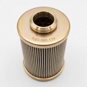 8D5.886.134 filter element illustration with a gold-tone upper cap and pleated body