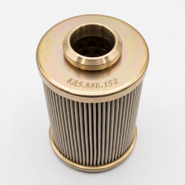 8D5.886.152 filter element illustration with a gold-tone upper cap and pleated body