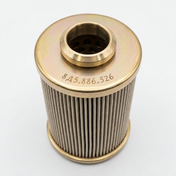 8D5.886.526 filter element illustration with a gold-tone upper cap and pleated body