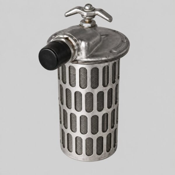 N5812-0-1 hydraulic filter reference with perforated metal basket, domed cover, black side cap and wing-shaped top handle