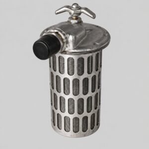 N5812-0 hydraulic filter with tall perforated metal basket, domed cover, black side cap and wing-shaped top handle