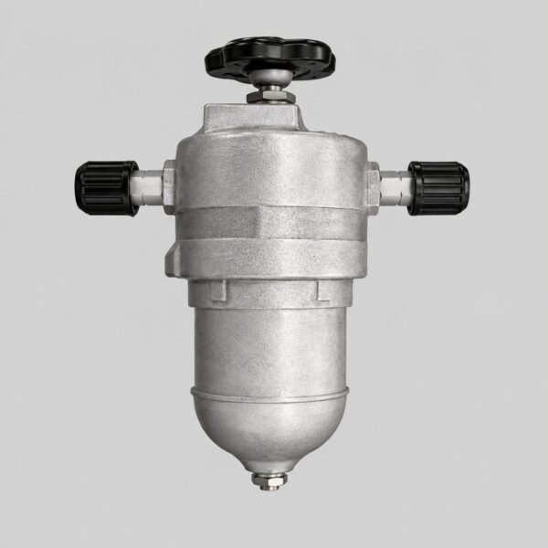 N5812-50A/3 hydraulic filter reference with silver cast body, black top handwheel, two capped side ports and rounded lower bowl