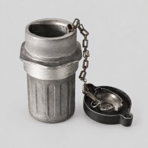 NU5602-30A hydraulic filter with open cylindrical body, external threaded band, ribbed lower section and chained black cap